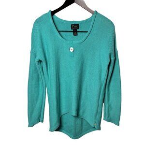 Pure Handknit Turquoise Long Sleeve Button Accent Sweater Womens M 100% Cotton